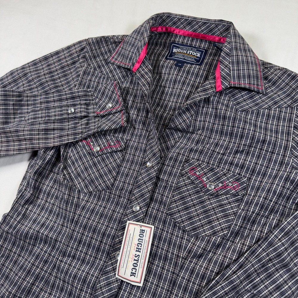 Rough‎ Stock Shirt Womens XS Pearl Snap L/S Western Shirt Plaid Blue Black
